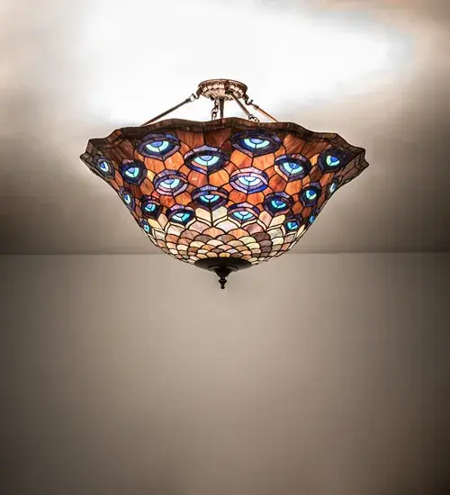 28" Wide Tiffany Peacock Feather Inverted Pendant - Image 1