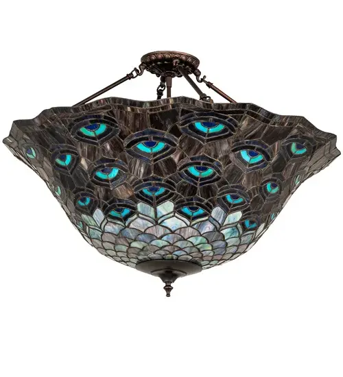 28" Wide Tiffany Peacock Feather Inverted Pendant - Image 3