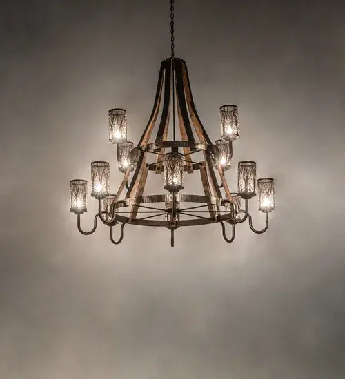60" Wide Barrel Stave Winter Maple 12 Light Two Tier Chandelier - Image 1