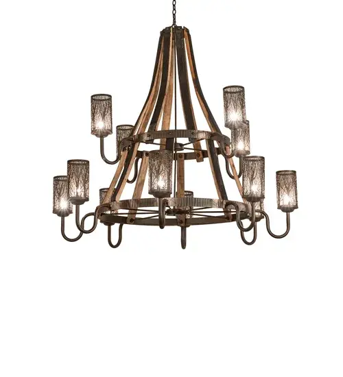 60" Wide Barrel Stave Winter Maple 12 Light Two Tier Chandelier - Image 2