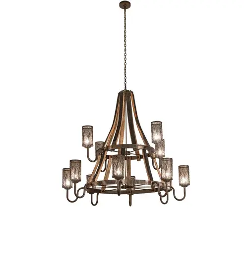60" Wide Barrel Stave Winter Maple 12 Light Two Tier Chandelier - Image 11