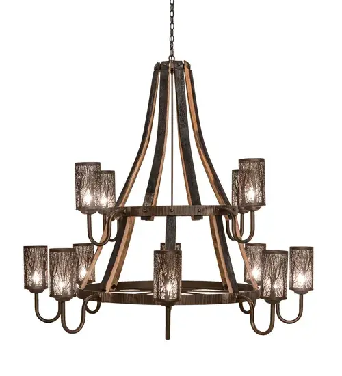 60" Wide Barrel Stave Winter Maple 12 Light Two Tier Chandelier - Image 5