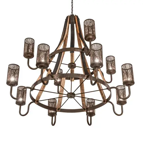 60" Wide Barrel Stave Winter Maple 12 Light Two Tier Chandelier - Image 6