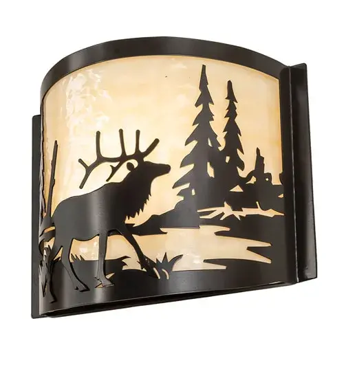 The iconic Elk wanders by a woodland lake in the beautiful afternoon sun. This curvaceous, nature-inspired wall sconce features a Beige Art Glass lens and is enhanced with an Elk design in a Timeless Bronze finish. It is ideal for installation on the walls of dining areas and living spaces in residential and hospitality locations, including timber frame homes and lodges from the Adirondack Mountains in New York to the Smokey Mountains in Tennessee. The Elk at Lake Wall Sconce is included in our American-designed, handcrafted Wildlife Collection. UL and CUL listed for dry and damp locations. Collection: Elk At Lake Finish: Timeless Bronze Glass: Beige Art Glass Width: 12.00" Height: 9.50" Length: 4.00" Weight: 5.00 lb Extension from Wall: 4.00" Number of Bulbs: 1 Maximum Wattage: 60.00 W Bulb Type: A19 Bulb Base: E26 Material: Steel Country of Origin: USA Safety Rating: Damp