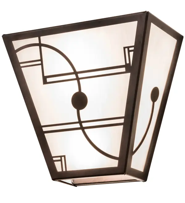 Inspired by rhythmic notes on sheet music famous for jazz and swing dance styles, this stylized wall fixture features straight lines and curving shapes reminiscent of the high art of the Art Deco era. The dazzling White Art Glass sconce is enhanced with a frame finished in Mahogany Bronze. The inverted wall sconce is perfect for positioning in hallways, bedrooms, and other spaces in various residential and hospitality settings in New Orleans, Louisiana, Chattanooga, Tennessee, and Chicago, Illinois. The Revival Deco Wall Sconce is included in our American-made, American-designed, handcrafted Art Deco Collection and manufactured in Yorkville, New York. UL and cUL listed for dry and damp locations. Collection: Revival Finish: Mahogany Bronze Glass: White Art Glass Width: 13.00" Height: 12.00" Length: 6.50" Weight: 7.00 lb Extension from Wall: 6.50" Number of Bulbs: 2 Maximum Wattage: 60.00 W Bulb Type: A19 Bulb Base: E26 Material: Steel Country of Origin: USA Safety Rating: Damp