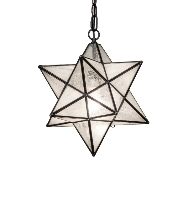 Like wishing upon a magical star in the sky... Grace your home with this timeless ceiling pendant. Dating back hundreds of years in Europe, the Star was used to protect homes and bring good luck to families. This unique fixture features a Star-style Clear Seeded Glass shade, created with a dozen points of light. A Textured Black finish complements the stunning shade, which is created using the famous Meyda Tiffany Brass Channel Construction technique. The pendant is ideal for illuminating dining tables and islands in fine residences, restaurants, and hotels. The overall height ranges from 22 to 60 inches, as the chain can be easily adjusted on location to meet your lighting requirements. The Moravian Star Pendant is part of our American-designed, handcrafted Moravian Star Collection. The fixture is UL and cUL listed for use in both damp and dry locations & UL wet-rated options are available. Collection: Moravian Star Finish: Textured Black Glass: Clear Seeded Glass Width: 12.00" Height: 22.00" Length: 12.00" Weight: 7.00 lb Number of Bulbs: 1 Maximum Wattage: 60.00 W Bulb Type: A19 Bulb Base: E26 Material: Steel Country of Origin: CHINA Safety Rating: Damp