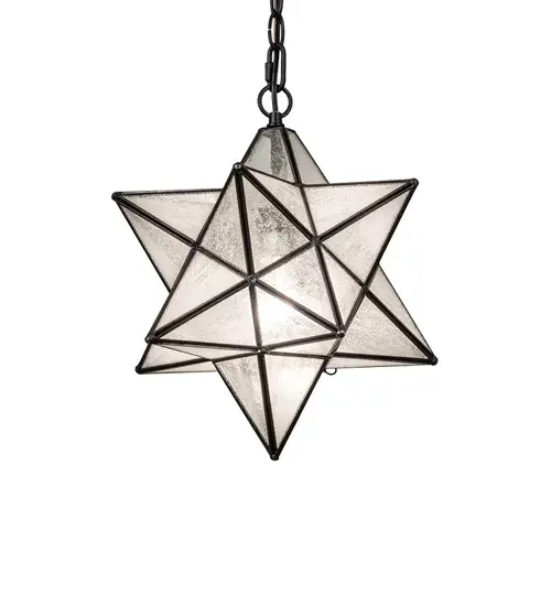 Like wishing upon a magical star in the sky... Grace your home with this timeless ceiling pendant. Dating back hundreds of years in Europe, the Star was used to protect homes and bring good luck to families. This unique fixture features a Star-style Clear Seeded Glass shade, created with a dozen points of light. A Textured Black finish complements the stunning shade, which is created using the famous Meyda Tiffany Brass Channel Construction technique. The pendant is ideal for illuminating dining tables and islands in fine residences, restaurants, and hotels. The overall height ranges from 22 to 60 inches, as the chain can be easily adjusted on location to meet your lighting requirements. The Moravian Star Pendant is part of our American-designed, handcrafted Moravian Star Collection. The fixture is UL and cUL listed for use in both damp and dry locations & UL wet-rated options are available. Collection: Moravian Star Finish: Textured Black Glass: Clear Seeded Glass Width: 12.00" Height: 22.00" Length: 12.00" Weight: 7.00 lb Number of Bulbs: 1 Maximum Wattage: 60.00 W Bulb Type: A19 Bulb Base: E26 Material: Steel Country of Origin: CHINA Safety Rating: Damp - alternate view