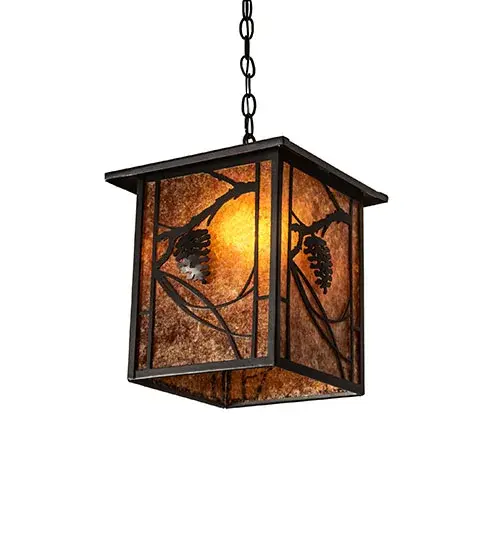 Every Meyda Tiffany item is a unique handcrafted work of art. Natural variations in the wide array of materials that we use to create each Meyda product make every item a masterpiece of its own. Photographs are a general representation of the product. Colors and designs will vary. Collection: Whispering Pines Finish: Wrought Iron Glass: Amber Mica Width: 17.00" Height: 18.00" Length: 12.00" Weight: 9.00 lb Number of Bulbs: 1 Maximum Wattage: 60.00 W Bulb Type: A19 Bulb Base: E26 Material: Steel Country of Origin: USA Safety Rating: Damp - alternate view