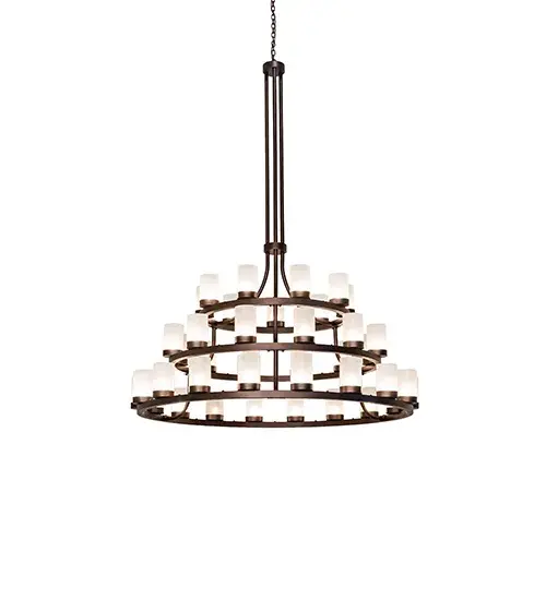 Blending an elegant style with a classic, distinguished look... This massive Loxley chandelier is custom-crafted with 39 Contrail Mist Idalight Cylindres. These illuminating elements are perched on three sturdy rings, which are enhanced with a Mahogany Bronze finish. The luxurious custom fixture is ideal for illuminating ballrooms, dining areas, lobbies, entryways, and other residential, hospitality, and commercial spaces. The overall height ranges from 100 to 149 inches as the chain adjusts easily on location. The Loxley 39 Light Three Tier Chandelier is included in our American-made, American-designed, handcrafted Loxley Lighting Collection. This fixture is manufactured in Yorkville, New York, and is UL and cUL listed for dry and damp locations. The Loxley Collection features various chandeliers, pendants, and wall sconces designed with sturdy rings accented with faux candlelights or cylindrical elements. Many of these fixtures make great statement pieces for large spaces and can be customized with your choice of size, finish, and lamping. Collection: Loxley Finish: Mahogany Bronze Glass: Contrail Mist Idalight Width: 72.00" Height: 100.00" Length: 72.00" Weight: 170.00 lb Number of Bulbs: 39 Maximum Wattage: 40.00 W Bulb Type: BA9 Bulb Base: E12 Material: Steel Country of Origin: USA Safety Rating: Damp - alternate view