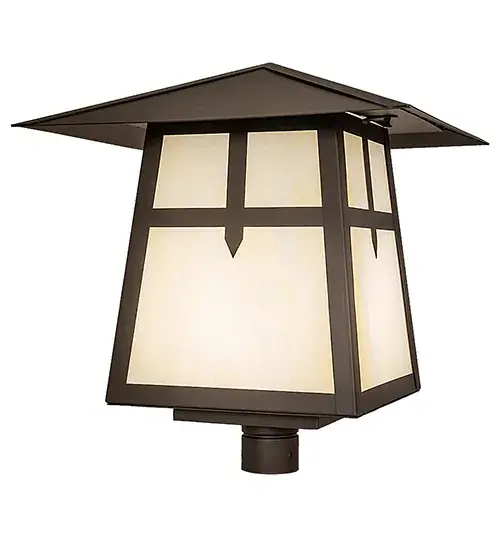 This post mount reveals a stunning Craftsman style statement captured with a dramatic profile and a unique Cross Mission design. The fixture can be mounted to columns, posts, and decks while providing beautiful ambient lighting in timber homes, modern farmhouses, and other spaces from Traverse City, Michigan, to Lake Tahoe, Nevada, to Lake Geneva, Wisconsin. The Beige Art Glass diffuser is enhanced with a frame and hardware featured in an Oil Rubbed Bronze finish. The Stillwater Cross Mission Post Mount is included in our American-made, American-designed, handcrafted Craftsman Signature Series and manufactured in Yorkville, New York. UL and cUL listed for dry, damp, and wet locations. Our Build Your Own Craftsman Signature Series features unlimited combinations of styles, functions, sizes, and finishes. Options include lanterns, pier and post mounts, and deck lights crafted of marine-grade materials like Brass and copper with timeless living finishes offered to endure harsh climates. Collection: Stillwater Finish: Oil Rubbed Bronze Glass: Beige Art Glass Width: 30.00" Height: 21.50" Length: 20.50" Weight: 22.00 lb Number of Bulbs: 1 Maximum Wattage: 18.00 W Bulb Type: A19 Bulb Base: E26 Light Source: LED Material: Steel Country of Origin: USA Safety Rating: Wet LED - alternate view
