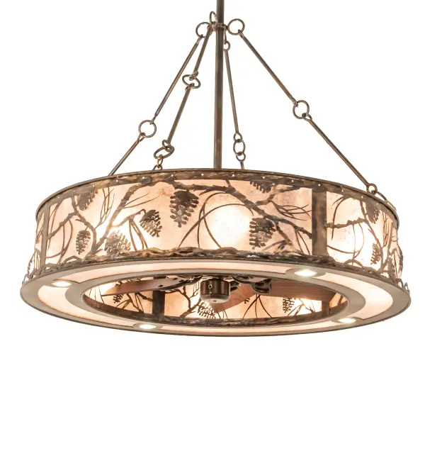 Delicate Pinecones and Pine Branches appear to rustle in the wind on this Fan Integrated Light Fixture. Soft ambient light projects through Silver Mica panels and matching bottom diffuser while the fan spins quietly in the center. The shade is enhanced with intertwining metal branches and other accents in an Dark Burnished Antique Copper finish. Made to order in our 180,000 sq. ft manufacturing facility in Yorkville, NY. The Chandel-Air creates a windchill that circulates to keep your space cool and comfortable during the summer and reversed to pull the room air up towards the ceiling and force the warm air back down in winter. This fixture is UL and cUL rated for damp locations. Collection: Whispering Pines Finish: Dark Burnished Antique Copper Glass: Silver Mica Width: 45.00" Height: 65.00" Length: 45.00" Weight: 93.00 lb Number of Bulbs: 8 Maximum Wattage: 60.00 W Bulb Type: A19 Bulb Base: E26 Material: Steel Country of Origin: USA Safety Rating: Damp