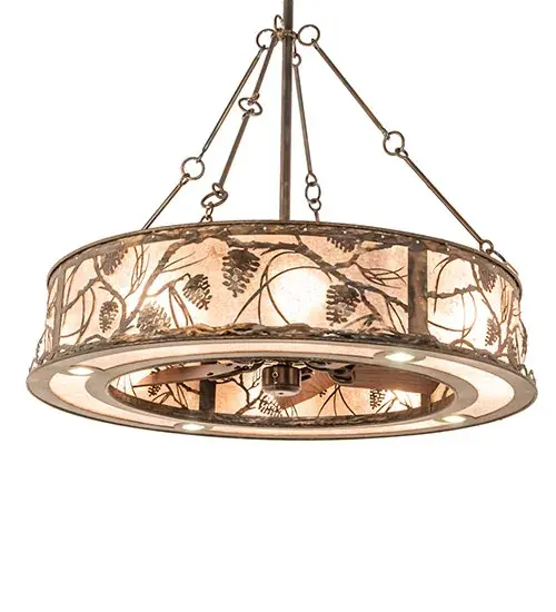 Delicate Pinecones and Pine Branches appear to rustle in the wind on this Fan Integrated Light Fixture. Soft ambient light projects through Silver Mica panels and matching bottom diffuser while the fan spins quietly in the center. The shade is enhanced with intertwining metal branches and other accents in an Dark Burnished Antique Copper finish. Made to order in our 180,000 sq. ft manufacturing facility in Yorkville, NY. The Chandel-Air creates a windchill that circulates to keep your space cool and comfortable during the summer and reversed to pull the room air up towards the ceiling and force the warm air back down in winter. This fixture is UL and cUL rated for damp locations. Collection: Whispering Pines Finish: Dark Burnished Antique Copper Glass: Silver Mica Width: 45.00" Height: 65.00" Length: 45.00" Weight: 93.00 lb Number of Bulbs: 8 Maximum Wattage: 60.00 W Bulb Type: A19 Bulb Base: E26 Material: Steel Country of Origin: USA Safety Rating: Damp - alternate view