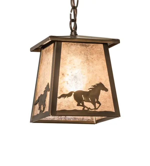 Every Meyda Tiffany item is a unique handcrafted work of art. Natural variations in the wide array of materials that we use to create each Meyda product make every item a masterpiece of its own. Photographs are a general representation of the product. Colors and designs will vary. Collection: Running Horses Finish: Antique Copper Glass: Silver Mica Width: 10.00" Height: 13.00" Length: 7.00" Weight: 5.00 lb Number of Bulbs: 1 Maximum Wattage: 60.00 W Bulb Type: A19 Bulb Base: E26 Material: Steel Country of Origin: USA Safety Rating: Damp