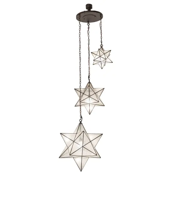 Like wishing upon a magical star in the sky... Grace your home with this timeless cascading ceiling pendant. Dating back hundreds of years in Europe, the Star was used to protect homes and bring good luck to families. This unique fixture features three star-styled Clear Seeded Glass shades, each created with a dozen points of light. The stunning shades are created using the famous Meyda Tiffany Brass Channel Construction technique and are complemented by an Oil Rubbed Bronze finish. The overall height ranges from 74 to 138 inches, as the chain can be easily adjusted on location. The cascading pendant is ideal for illuminating stairways and foyers in fine residences, restaurants, and hotels. The Moravian Star Cascading Pendant is included in our American-made, American-designed, handcrafted Moravian Star Collection and is manufactured in Yorkville, New York. The fixture is UL and cUL listed for use in both damp and dry locations, and UL wet-rated options are available. Collection: Moravian Star Finish: Oil Rubbed Bronze Glass: Clear Seeded Glass Width: 36.00" Height: 74.00" Length: 36.00" Weight: 60.00 lb Number of Bulbs: 3 Maximum Wattage: 60.00 W Bulb Type: A19 Bulb Base: E26 Material: Steel Country of Origin: USA Safety Rating: Damp