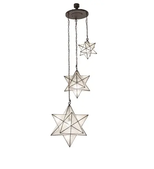Like wishing upon a magical star in the sky... Grace your home with this timeless cascading ceiling pendant. Dating back hundreds of years in Europe, the Star was used to protect homes and bring good luck to families. This unique fixture features three star-styled Clear Seeded Glass shades, each created with a dozen points of light. The stunning shades are created using the famous Meyda Tiffany Brass Channel Construction technique and are complemented by an Oil Rubbed Bronze finish. The overall height ranges from 74 to 138 inches, as the chain can be easily adjusted on location. The cascading pendant is ideal for illuminating stairways and foyers in fine residences, restaurants, and hotels. The Moravian Star Cascading Pendant is included in our American-made, American-designed, handcrafted Moravian Star Collection and is manufactured in Yorkville, New York. The fixture is UL and cUL listed for use in both damp and dry locations, and UL wet-rated options are available. Collection: Moravian Star Finish: Oil Rubbed Bronze Glass: Clear Seeded Glass Width: 36.00" Height: 74.00" Length: 36.00" Weight: 60.00 lb Number of Bulbs: 3 Maximum Wattage: 60.00 W Bulb Type: A19 Bulb Base: E26 Material: Steel Country of Origin: USA Safety Rating: Damp - alternate view