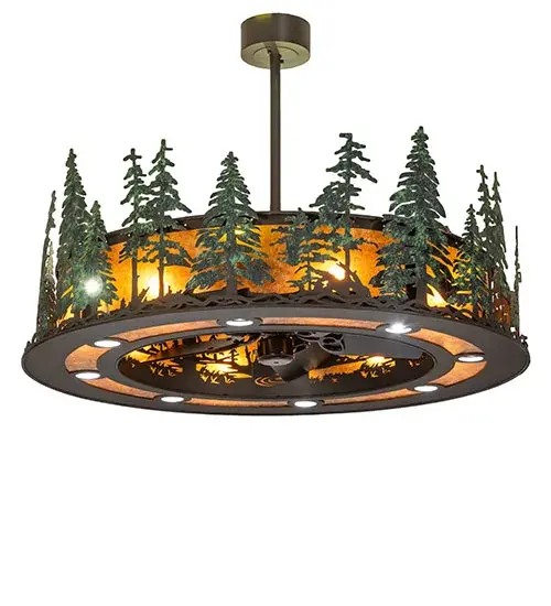 This rustic fan-integrated custom lighting fixture features Green Handpainted Pine Tree metal silhouettes and Wrought Iron finished hardware. An Amber Mica diffuser illuminates while gentle breezes are created by a fan spinning quietly in center. 12 lamps evoke the beauty of Mica, 8 downlights deliver illumination on surfaces below, and 1 is a spotlight. In summer the fan pushes down windchill that circulates to keep the space cool & comfortable. In winter the fan is reversed to pull the room air towards the ceiling, force warm air back down & circulate to create warmth. The Tall Pines Chandel-Air is included in our American-made, American-designed, handcrafted Chandel-Air Collection. Manufactured in Yorkville, NY. UL & cUL listed for dry and damp locations. Collection: Tall Pines Finish: Wrought Iron/Green Trees Glass: Amber Mica Width: 48.00" Height: 36.00" Length: 48.00" Weight: 130.00 lb Number of Bulbs: 8 Maximum Wattage: 60.00 W Bulb Type: A19 Bulb Base: E26 Material: Steel Country of Origin: USA Safety Rating: Damp - alternate view