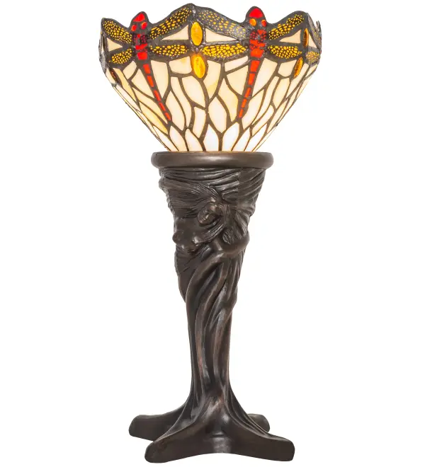 Scarlet dragonflies with glowing jeweled eyes and filigree topped amber wings; soar over a Bone Beige background dappled with Red and Amber jewels. This art glass shade is created using the famous Meyda Tiffany copperfoil construction and complemented with an elegant cast metal base. The Tiffany Hanginghead Dragonfly Mini Lamp is featured in our American designed; handcrafted Tiffany Reproduction Stained Glass Lighting Collection. UL and cUL listed for dry locations. Each shade is a unique work of art with color variations based on natural ingredients inherent in the glass. Contact us if color matching is critical when ordering multiple items.