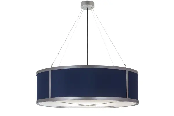 A sophisticated architectural look for today's interiors, this handsome pendant reveals a Cadet Blue Textrene shade with a lower diffuser offered in White Idalight. Stunning detailing aesthetics are displayed with decorative trim and formal lines, as well as hardware, accentuated in a stunning Brushed Nickel finish. Ideal for a conference room, foyer, lobby or other large spaces, this fixture is custom crafted in the USA, and a ballast that accommodates systems ranging from 120 volts to 277-volts in large commercial settings. The pendant is UL and cUL listed for damp and dry locations. Collection: Cilindro Finish: Nickel Glass: Blue,White Width: 42.75" Height: 31.00" Length: 42.75" Weight: 35.00 lb Number of Bulbs: 4 Maximum Wattage: 60.00 W Bulb Type: A19 Bulb Base: E26 Material: Steel Country of Origin: USA Safety Rating: Damp