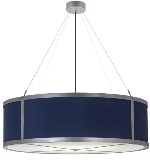A sophisticated architectural look for today's interiors, this handsome pendant reveals a Cadet Blue Textrene shade with a lower diffuser offered in White Idalight. Stunning detailing aesthetics are displayed with decorative trim and formal lines, as well as hardware, accentuated in a stunning Brushed Nickel finish. Ideal for a conference room, foyer, lobby or other large spaces, this fixture is custom crafted in the USA, and a ballast that accommodates systems ranging from 120 volts to 277-volts in large commercial settings. The pendant is UL and cUL listed for damp and dry locations. Collection: Cilindro Finish: Nickel Glass: Blue,White Width: 42.75" Height: 31.00" Length: 42.75" Weight: 35.00 lb Number of Bulbs: 4 Maximum Wattage: 60.00 W Bulb Type: A19 Bulb Base: E26 Material: Steel Country of Origin: USA Safety Rating: Damp - alternate view