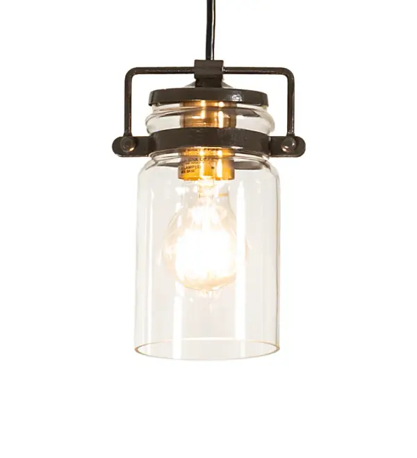 A transitional style ceiling fixture with a classic jar shape that is dimmable, allowing for customizable lighting levels. Designed to add quaint charm and fun to any room, this unique mini pendant features a Clear Glass Jar illuminating with a soft glow from an Edison-style bulb. The decorative element is enhanced with Timeless Bronze Vein finished hardware that will complement a broad range of interior decor schemes. The overall height ranges from 11 to 154 inches, as the cord length can be adjusted in the factory to accommodate your specific lighting application needs. The Shiloh Mini Pendant is included in our American-designed, handmade Farmhouse Lighting Collection and manufactured in Yorkville, New York. The mini pendant is UL & cUL listed for dry and damp locations. Collection: Shiloh Finish: Timeless Bronze Vein Glass: Clear Glass Width: 5.50" Height: 11.00" Length: 5.50" Weight: 2.50 lb Number of Bulbs: 1 Maximum Wattage: 60.00 W Bulb Type: A19 Bulb Base: E26 Material: Steel Country of Origin: USA Safety Rating: Damp