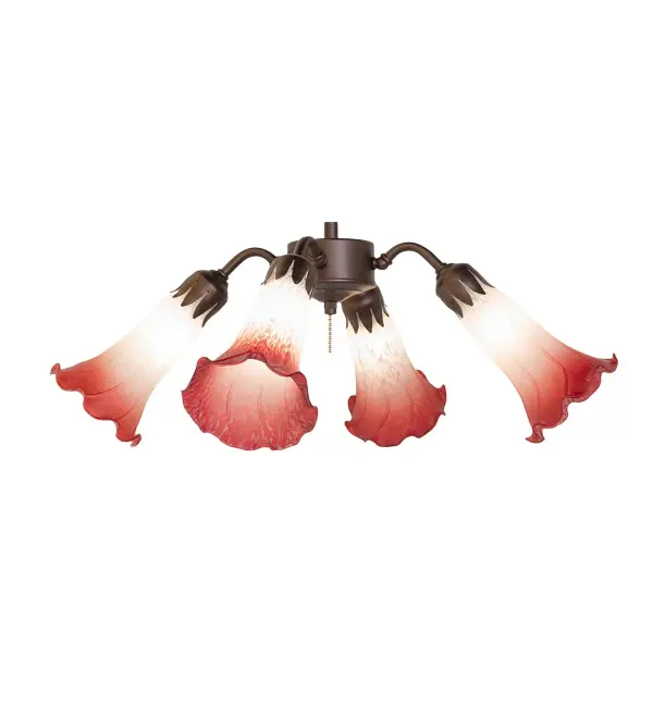 Recreating the famous Tiffany design from the early 1900s. This fan light fixture features four stunning Pink and White Pond Lily shades created of Favrile Style art glass. An elegant cast metal hub attaches to the ceiling fan unit and embraces the Lily-style shades with floral-styled fitters finished by hand in Mahogany Bronze. The Tiffany Pond Lily 4 Light Fan Light is included in our American-designed, handcrafted Favrile Glass Lighting Collection. UL and cUL listed for dry and damp locations. Each shade is a unique work of art with color variations based on natural ingredients inherent in the glass. Fan not included. Collection: Pink/White Finish: Mahogany Bronze Glass: Pink & White Blown Glass Width: 19.00" Height: 9.00" Length: 19.00" Weight: 5.00 lb Number of Bulbs: 4 Maximum Wattage: 60.00 W Bulb Type: B10 Bulb Base: E12 Material: Steel Country of Origin: CHINA Safety Rating: Damp