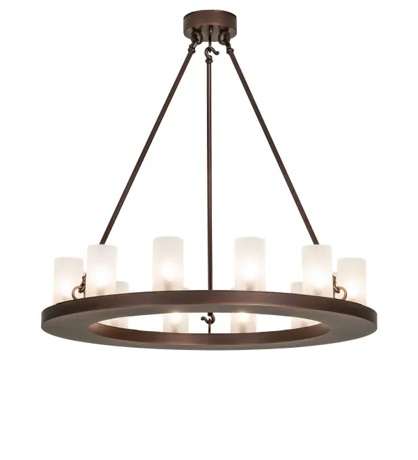 Blending an elegant style with a classic, distinguished look... The handsome Loxley Chandelier features 12 Contrail Mist Idalight Cylindre elements, perched on a sturdy ring that is enhanced with a Mahogany Bronze finish. This luxurious chandelier is ideal for illuminating great rooms, entryways, and other residential, hospitality, and commercial spaces. The Loxley 12 Light Chandelier is included in our American-made, American-designed, handcrafted Transitional Lighting Collection. This fixture is manufactured in Yorkville, New York, and is UL and cUL listed for dry and damp locations. The Loxley Collection features various chandeliers, pendants, and wall sconces designed with sturdy rings accented with faux candlelights or cylindrical elements. Many of these fixtures make great statement pieces for large spaces and can be customized with your choice of size, finish, and lamping. Collection: Loxley Finish: Mahogany Bronze Glass: Contrail Mist Width: 36.00" Height: 36.00" Length: 36.00" Weight: 38.00 lb Number of Bulbs: 12 Maximum Wattage: 40.00 W Bulb Type: BA10 Bulb Base: E12 Material: Steel Country of Origin: USA Safety Rating: Damp