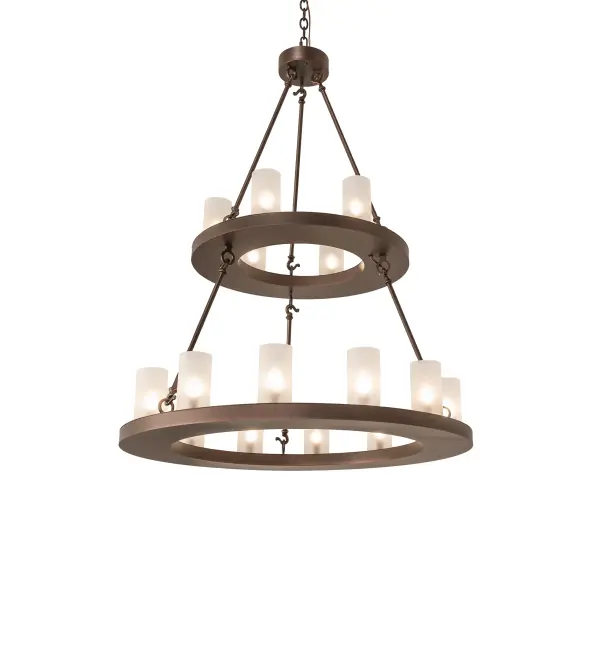 Blending an elegant style with a classic; distinguished look... The handsome Loxley Chandelier features 18 Contrail Mist Idalight Cylindre elements; perched on two sturdy rings that are enhanced with a Mahogany Bronze finish. This luxurious chandelier is ideal for illuminating great rooms; entryways; and other residential; hospitality; and commercial spaces. The overall height ranges from 56 to 236 inches; as the chain can be easily adjusted on location to meet your lighting requirements. The Loxley 18 Light Two Tier Chandelier is included in our American-made; American-designed; handcrafted Transitional Lighting Collection. This fixture is manufactured in Yorkville; New York; and is UL and cUL listed for dry and damp locations. The Loxley Collection features various chandeliers; pendants; and wall sconces designed with sturdy rings accented with faux candlelights or cylindrical elements. Many of these fixtures make great statement pieces for large spaces and can be customized with your choice of size; finish; and lamping.