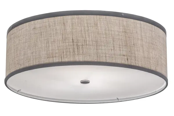 Designed with a clean round profile that fits into the homes and structures of nearly any architectural era, this ceiling fixture defines a distinctive sophisticated aesthetic. The rotund Natural Linen Textrene shade is complemented with a Statuario Idalight bottom diffuser and enhanced with accents a frame featured in a Nickel finish. Handcrafted in the USA, this fixture is available in custom colors, styles and sizes, as well as dimmable energy efficient lamping options. UL and cUL listed for damp and dry locations. Collection: Cilindro Finish: Nickel Glass: White Burlap Width: 24.00" Height: 9.00" Length: 24.00" Weight: 6.00 lb Number of Bulbs: 2 Maximum Wattage: 60.00 W Bulb Type: A19 Bulb Base: E26 Material: Steel Country of Origin: USA Safety Rating: Damp