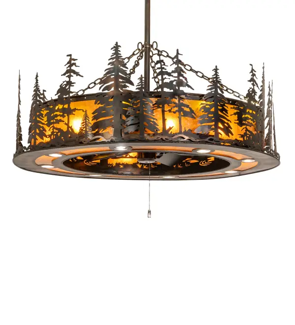 This fan-integrated custom lighting fixture features Pine Tree metal silhouettes in a Dark Burnished Antique Copper finish. An Amber Mica diffuser illuminates while gentle breezes are created by a fan spinning quietly in center. 8 inner lamps evoke the beauty of Mica & 8 uplights provide ambient lighting while 8 downlights illuminate surfaces below. In summer, the fan pushes down windchill that circulates to keep the space cool & comfortable. In winter, the fan is reversed to pull the room air towards the ceiling, forcing the warm air back down & circulate to create warmth. The Tall Pines Chandel-Air is included in our American-made, American-designed, handcrafted Chandel-Air Collection. Manufactured in Yorkville, NY. UL & cUL listed for dry and damp locations. Collection: Tall Pines Finish: Amber Mica Glass: Dark Burnished Antique Copper Width: 48.50" Height: 72.00" Length: 48.50" Weight: 125.00 lb Number of Bulbs: 8 Maximum Wattage: 60.00 W Bulb Type: A19 Bulb Base: E26 Material: Steel Country of Origin: USA Safety Rating: Damp