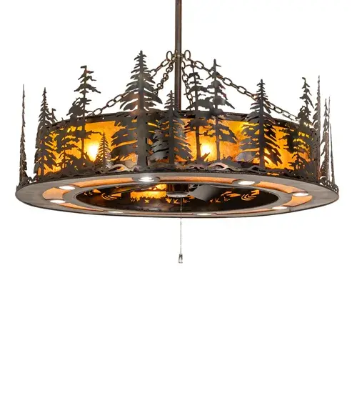 This fan-integrated custom lighting fixture features Pine Tree metal silhouettes in a Dark Burnished Antique Copper finish. An Amber Mica diffuser illuminates while gentle breezes are created by a fan spinning quietly in center. 8 inner lamps evoke the beauty of Mica & 8 uplights provide ambient lighting while 8 downlights illuminate surfaces below. In summer, the fan pushes down windchill that circulates to keep the space cool & comfortable. In winter, the fan is reversed to pull the room air towards the ceiling, forcing the warm air back down & circulate to create warmth. The Tall Pines Chandel-Air is included in our American-made, American-designed, handcrafted Chandel-Air Collection. Manufactured in Yorkville, NY. UL & cUL listed for dry and damp locations. Collection: Tall Pines Finish: Amber Mica Glass: Dark Burnished Antique Copper Width: 48.50" Height: 72.00" Length: 48.50" Weight: 125.00 lb Number of Bulbs: 8 Maximum Wattage: 60.00 W Bulb Type: A19 Bulb Base: E26 Material: Steel Country of Origin: USA Safety Rating: Damp - alternate view