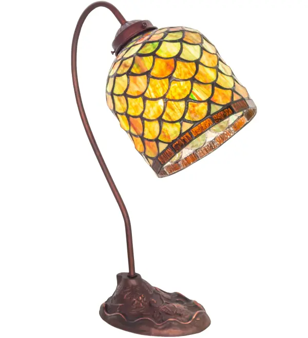Invite the splendor of Mother Nature and all of its natural beauty into your home or lodge. The Art Glass Acorn Desk Lamp features Autumn multi-colored with Green; Brown and Amber tones and is created using the famous Meyda Tiffany copperfoil construction. The stunning shade is complemented with an elegant cast base finished in Mahogany Bronze. The Acorn Desk Lamp is featured in our American designed; handcrafted Nature Inspired Lighting Collection. Each shade is a unique work of art with color variations based on natural ingredients inherent in the glass. Contact us if color matching is critical when ordering multiple items.