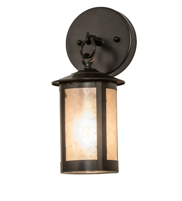 This fixture is made from brass and mica. The brass components are finished in Craftsman Brown. The lens is Silver Mica. This fixture is UL rated for damp locations. Collection: Fulton Finish: Craftsman Brown Glass: Silver Mica Width: 5.00" Height: 12.00" Length: 5.25" Weight: 2.00 lb Extension from Wall: 5.25" Number of Bulbs: 1 Maximum Wattage: 60.00 W Bulb Type: T10 Bulb Base: E26 Material: Brass Country of Origin: USA Safety Rating: Wet
