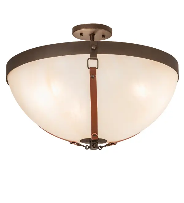 Enjoy the sophisticated elegance and distinctive look of the Saddle Strap lighting fixture. The stunning Sahara Taupe Idalight shade features three unique Leather buckles joined together from the central finial to the decorative studs around the perimeter. The ceiling fixture is enhanced with a Tyler Bronze finish and lluminates with energy efficient LEDs for beautiful light and long life. The Saddle Strap Semi-Flushmount is included in our American Made, American designed, handcrafted Luxury Leather Lighting Collection. Manufactured in Yorkville, NY. UL and cUL listed for dry and damp locations. Collection: Saddle Strap Finish: Tyler Bronze Glass: Sahara Taupe Width: 22.00" Height: 15.00" Length: 22.00" Weight: 4.00 lb Number of Bulbs: 3 Maximum Wattage: 20.00 W Bulb Type: A19 Bulb Base: E26 Light Source: LED Material: Steel Country of Origin: USA Safety Rating: Damp LED