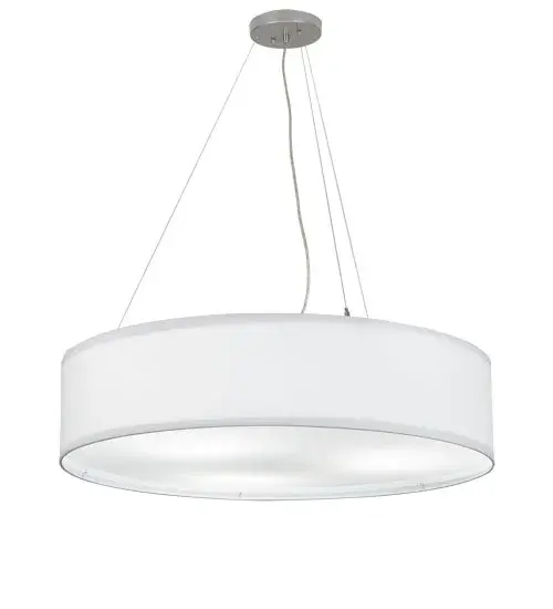This stunning lighting pendant seamlessly blends a modern aesthetic with a minimalist design. The pendant features an alluring White Textrene shade that is complemented with a Statuario Idalight bottom diffuser. The fixture is enhanced with Nickel and White finishes. The pendant can illuminate a dining table or living area in homes, lounges, and restaurants. The overall height ranges from 36 to 86 inches, as the aircraft cables can be adjusted on location. The Cilindro Pendant is included in our American-made, American-designed, handcrafted Modern Lighting Collection and manufactured in Yorkville, New York. The fixture is UL and cUL listed for dry and damp locations, however, we do not recommend installing it in spaces that experience excessive moisture due to the fabric shade. Collection: Cilindro Finish: Nickel/White Glass: White Textrene And Statuario Idalight Width: 34.00" Height: 36.00" Length: 34.00" Weight: 16.50 lb Number of Bulbs: 3 Maximum Wattage: 60.00 W Bulb Type: A19 Bulb Base: E26 Material: Steel Country of Origin: USA Safety Rating: Damp - alternate view