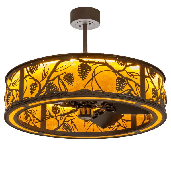 Delicate Pinecones and Pine Branches appear to rustle in the wind on this Fan Integrated Light Fixture. Soft ambient light projects through Amber Mica panels and matching bottom diffuser while the fan spins quietly in the center. The shade is enhanced with intertwining metal branches and other accents in an Oil Rubbed Bronze finish. Made to order in our 180,000 sq. ft manufacturing facility in Yorkville, NY. The Chandel-Air creates a windchill that circulates to keep your space cool and comfortable during the summer and reversed to pull the room air up towards the ceiling and force the warm air back down in winter. This fixture is UL and cUL rated for damp locations. Collection: Whispering Pines Finish: Oil Rubbed Bronze Glass: Amber Mica Width: 36.00" Height: 27.00" Length: 36.00" Weight: 70.00 lb Maximum Wattage: 126.00 W Bulb Type: LED Bulb Base: INTEGRAL Light Source: LED Color Temperature: 3000 K Material: Steel Country of Origin: USA Safety Rating: Damp LED