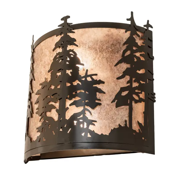 This stunning wall sconce features a striking Tall Pine Tree design, with a Silver Mica lens. The curvaceous frame and hardware are finished in Timeless Bronze. The striking wall fixture is perfect for illuminating the walls of timber homes, modern farmhouses, and other spaces. The Tall Pines Wall Sconce is featured in our American-made, American-designed, handcrafted Nature-Inspired Collection and is manufactured in Yorkville, New York. UL and cUL listed for dry and damp locations. Upstate New York's adventurous playland, known as the Adirondack Mountains, with its many breathtaking forests, lakes, and rivers, is the spiritual birthplace of Meyda and inspires our rustic-themed collections. Collection: Tall Pines Finish: Timeless Bronze Glass: Silver Mica Width: 12.00" Height: 12.00" Length: 4.50" Weight: 3.50 lb Extension from Wall: 4.50" Number of Bulbs: 2 Maximum Wattage: 60.00 W Bulb Type: A19 Bulb Base: E26 Material: Steel Country of Origin: USA Safety Rating: Damp