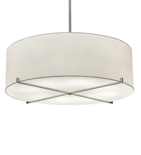 Designed with a curved profile and a clean architectural look. This appealing and versatile ceiling pendant reveals a sophisticated aesthetic. This fixture features a White Textrene shade enhanced with a Statuario Idalight bottom diffuser. The fixture is complemented with metal crosshatch design in a Nickel powder coat finish. Made to Order in our 180,000 sq ft manufacturing facility in Yorkville, New York. Shade colors, metal finishes and sizes can be customized to your taste. UL and cUL listed for dry and damp locations however we do not recommend installing it in spaces that experience a large amount of moisture due to the fabric shade. Collection: Cilindro Finish: Nickel Glass: White Laura Textren And Statuario Idalight Width: 48.00" Height: 140.00" Length: 48.00" Weight: 34.00 lb Number of Bulbs: 8 Maximum Wattage: 60.00 W Bulb Type: A19 Bulb Base: E26 Material: Steel Country of Origin: USA Safety Rating: Damp