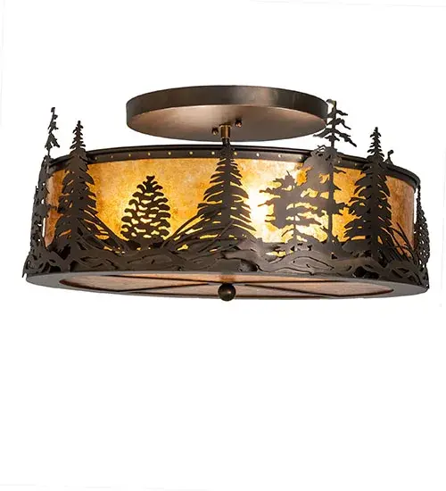 Mesmerizing Pine Tree silhouettes stand tall as the brilliant morning sun rises above the country lake in the background. The diffuser features a beautiful Amber Mica lens; which is enhanced with a matching bottom diffuser. The fixture is complemented by decorative accents and hardware featured in an Antique Copper finish. It is ideal for illuminating dining spaces and hallways in residential and hospitality settings. This unique lighting design is inspired by pine trees found in national pine forests; from the Black Hills in Wyoming; to Deschutes National Forest in central Oregon; to Bristlecone Forest in the White Mountains in Bishop; California. The Tall Pines Semi-Flushmount is included in our American-made; American-designed; handcrafted Nature Inspired Collection and manufactured in Yorkville; NY. UL and cUL listed for dry and damp locations. - alternate view