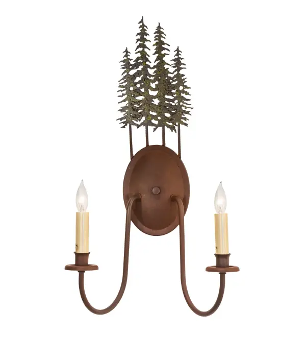 Mother Nature would be proud of the stand of Tall Pines featured on this fixture, which is designed with hardware finished in Rust with the trees in a Pine Green. This fixture is ideal as a vanity light in a bath or a wall sconce in corridors. This fixture is handcrafted in the Meyda manufacturing facility at the foothills of the Adirondack Mountains. Custom sizes, styles and energy efficient lamping options are available. Collection: Tall Pines Finish: Wrought Iron On Rust & Tarnished Copper Glass: Green Width: 12.50" Height: 22.00" Length: 7.50" Weight: 2.50 lb Extension from Wall: 7.50" Number of Bulbs: 2 Maximum Wattage: 60.00 W Bulb Type: BA9 Bulb Base: E12 Material: Steel Country of Origin: USA Safety Rating: Damp
