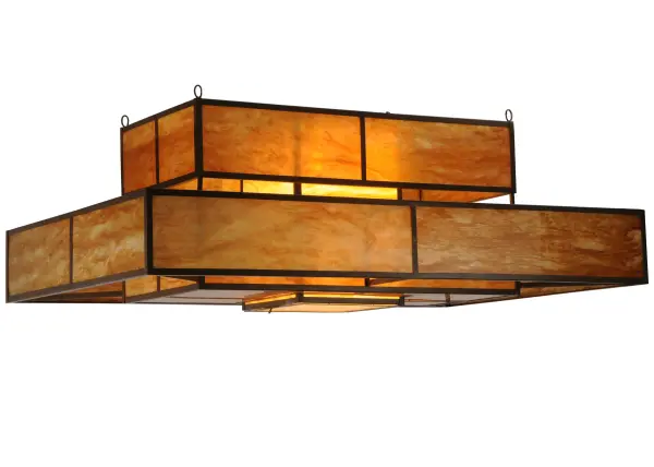 An impressive Craftsman styled ceiling fixture; this Fellowship flushmount features twin Ambra Siena diffusers which are complemented with an exceptional straight-line design; frame and hardware in an Antique Rust finish. Handcrafted by highly skilled artisans in our Upstate New York manufacturing facility; this handsome luminaire is available in custom sizes; styles; colors and energy efficient lamping options such as LED. This 48-inch long fixture is UL and cUL listed for damp and dry locations.