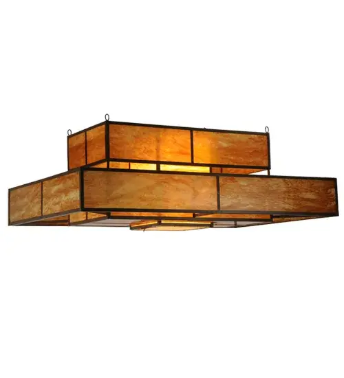 An impressive Craftsman styled ceiling fixture; this Fellowship flushmount features twin Ambra Siena diffusers which are complemented with an exceptional straight-line design; frame and hardware in an Antique Rust finish. Handcrafted by highly skilled artisans in our Upstate New York manufacturing facility; this handsome luminaire is available in custom sizes; styles; colors and energy efficient lamping options such as LED. This 48-inch long fixture is UL and cUL listed for damp and dry locations. - alternate view
