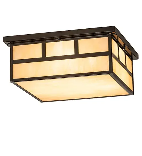 Custom made from Solid Brass; a stunning Arts & Crafts statement is presented with a striking Mission straight-line design. This handsome ceiling fixture is highlighted with a Sahara Taupe Idalight lens and hardware finished in Timeless Bronze. Ideal for indoor and outdoor applications. The Hyde Park T" Mission Flushmount is featured in our American-made; American-designed; handcrafted Craftsman Signature Lighting Series. Manufactured in Yorkville; New York. UL and cUL listed for dry and damp locations." - alternate view