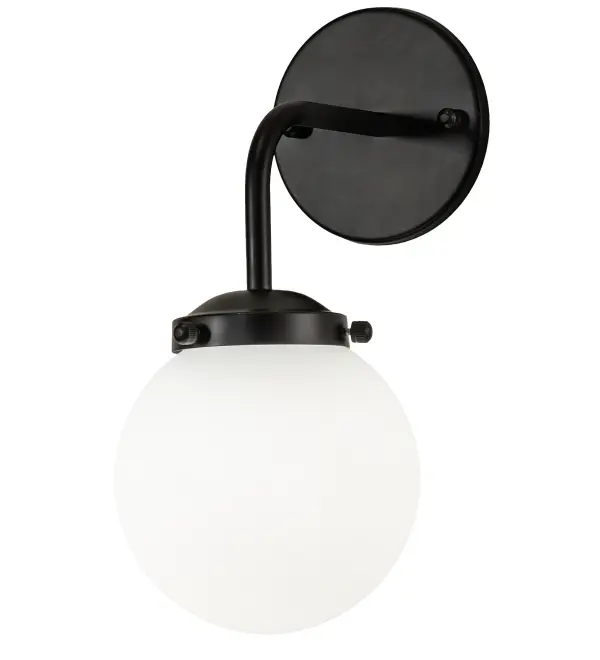 A curvaceous; stylish wall sconce. Bold; eye-catching appeal integrates a classic White Art Glass Orb shade complemented with a curved arm and handsome round wallplate in a Matte Black finish. The Bola Wall Sconce is included in the American-designed; handcrafted Modern Lighting Collection. UL & cUL listed for dry and damp locations.