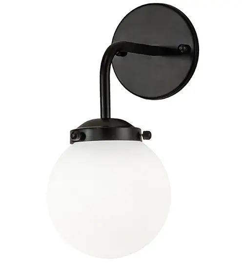 A curvaceous; stylish wall sconce. Bold; eye-catching appeal integrates a classic White Art Glass Orb shade complemented with a curved arm and handsome round wallplate in a Matte Black finish. The Bola Wall Sconce is included in the American-designed; handcrafted Modern Lighting Collection. UL & cUL listed for dry and damp locations. - alternate view