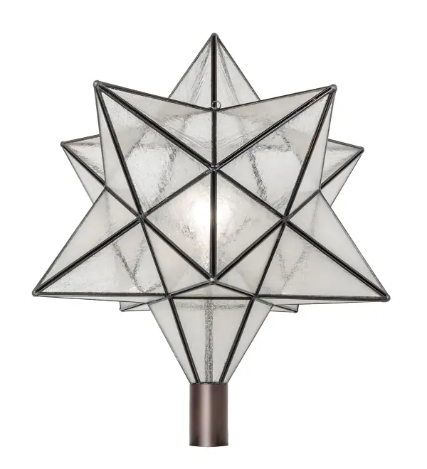 Like wishing upon a magical star; this decorative post mount fixture is inspired by starlights originally believed to bring good luck to European homes hundreds of years ago. This unique Mahogany Bronze finished fixture features a Star styled art glass shade with a dozen points of light handcrafted with Clear Seeded Glass. This stunning shade is created with the Brass Channel construction technique. The indoor/outdoor lighting fixture can be mounted to columns and posts on patios and decks while providing beautiful ambient lighting in fine homes and other spaces from Traverse City; Michigan; to Lake Tahoe; Nevada; to Lake Geneva; Wisconsin. The Moravian Star Pendant is included in our American-designed; handcrafted Moravian Star Collection. UL and cUL listed for dry; damp; and wet locations.