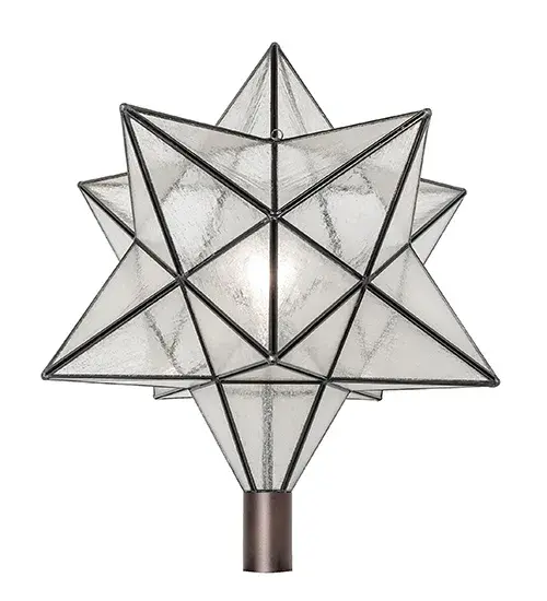 Like wishing upon a magical star; this decorative post mount fixture is inspired by starlights originally believed to bring good luck to European homes hundreds of years ago. This unique Mahogany Bronze finished fixture features a Star styled art glass shade with a dozen points of light handcrafted with Clear Seeded Glass. This stunning shade is created with the Brass Channel construction technique. The indoor/outdoor lighting fixture can be mounted to columns and posts on patios and decks while providing beautiful ambient lighting in fine homes and other spaces from Traverse City; Michigan; to Lake Tahoe; Nevada; to Lake Geneva; Wisconsin. The Moravian Star Pendant is included in our American-designed; handcrafted Moravian Star Collection. UL and cUL listed for dry; damp; and wet locations. - alternate view