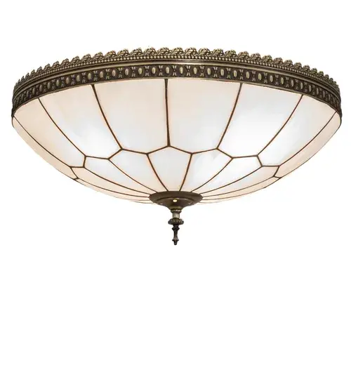 This stunning Brass ceiling fixture features a Honeycomb patterned shade created with high-fired; kiln-formed White art glass. This elegant; dramatic lighting fixture will make a stunning design statement in any room. This beautiful bent glass shade is created with the famous Meyda Tiffany copperfoil construction process and complemented with an exquisite; intricate patterned Craftsman Brown Highlighted border. The Vincent Honeycomb Flushmount is included in our American-made; American-designed; handcrafted Quality Bent Glass Collection. Manufactured in Yorkville; NY. UL & cUL listed in dry and damp locations. - alternate view