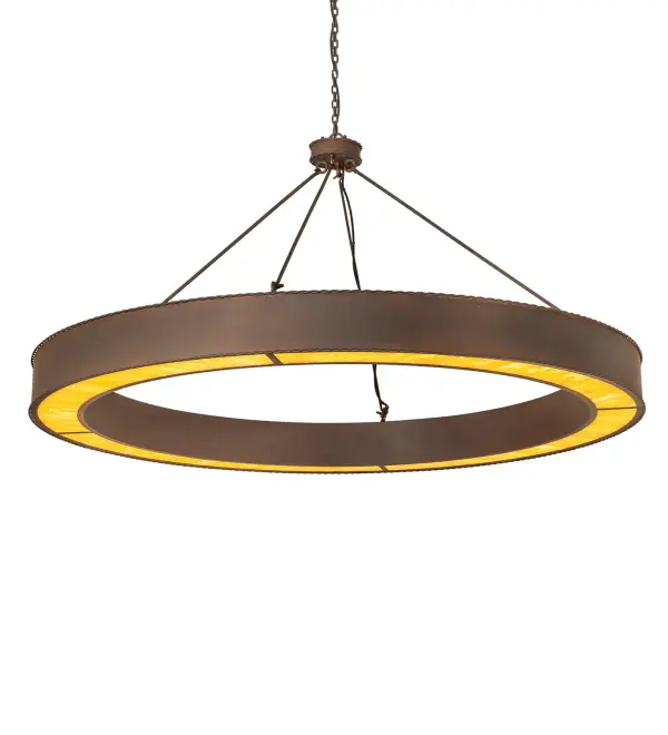 Blending an elegant style with a classic, distinguished look... This massive Loxley chandelier is custom-crafted with an Ambra Siena Idalight lens that illuminates with Integral LEDs for energy savings and long life. These illuminating elements are perched on a sturdy ring, which is enhanced with a Rusty Nail finish. The luxurious, custom-crafted fixture is ideal for illuminating ballrooms, dining areas, lobbies, entryways, and other residential, hospitality, and commercial spaces. The overall height ranges from 40 to 53 inches, as the chain adjusts easily on location. The Loxley Escabroso Chandelier is included in our American-made, American-designed, handcrafted Loxley Lighting Collection. This fixture is manufactured in Yorkville, New York, and is UL and cUL listed for dry and damp locations. The Loxley Collection features various chandeliers, pendants, and wall sconces designed with sturdy rings accented with faux candlelights or cylindrical elements. Many of these fixtures make great statement pieces for large spaces and can be customized with your choice of size, finish, and lamping. Collection: Loxley Finish: Rusty Nail Glass: Ambra Siena Idalight Width: 72.00" Height: 40.00" Length: 72.00" Weight: 150.00 lb Maximum Wattage: 120.00 W Bulb Type: LED Bulb Base: INTEGRAL Light Source: LED Color Temperature: 3000 K Material: Steel Country of Origin: USA Safety Rating: Damp LED