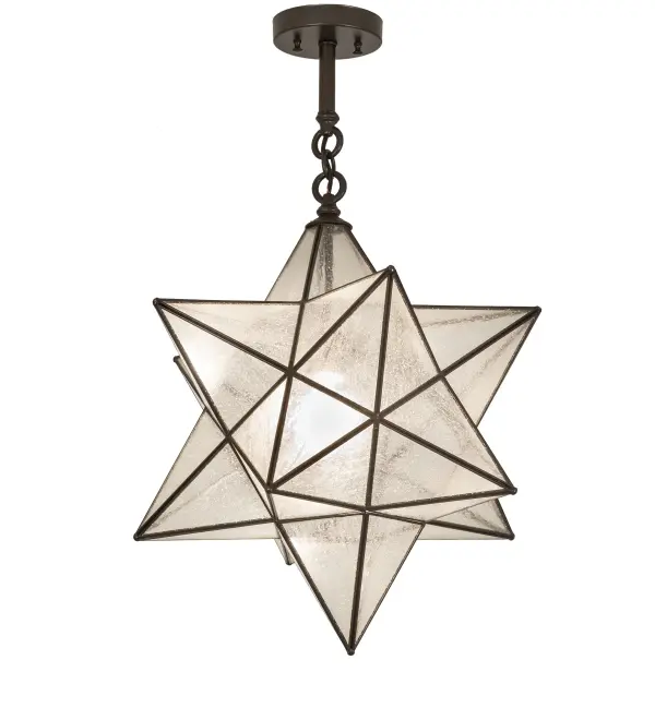 Like wishing upon a magical star in the sky; this decorative ceiling fixture is inspired by starlights originally believed to bring good luck to European homes hundreds of years ago. This unique fixture features a Star styled art glass shade with a dozen points of light handcrafted with Clear Seeded Glass. This stunning shade is created with the Brass Channel construction technique and complemented with a Craftsman Brown finish. The Moravian Star Semi-Flushmount is included in our American-designed; handcrafted Moravian Star Collection. UL and cUL listed for damp and dry locations.