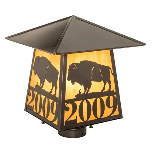This stunning Brass post mount features a mesmerizing majestic Buffalo with the street address number 2009 featured in Craftsman Brown finish with a stunning Ambra Siena Idalight lens. The handsome indoor/outdoor lighting fixture can be mounted to columns and posts on patios and decks while providing beautiful ambient lighting in fine homes and other spaces. The Personalized Buffalo Post Mount is included in our American-made; American-designed; handcrafted Personalized Wildlife Collection and manufactured in Yorkville; New York. UL and cUL listed for dry; damp; and wet locations. Personalize a lighting fixture with your home address. Contact us for more information. - alternate view